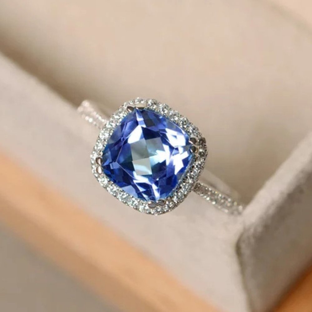 Classic Square Royal Blue Gemstone Zircon Thin Rings for Women, EVGG1220